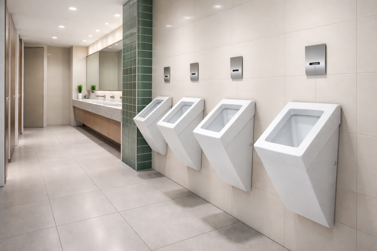 Row of modern wall-mounted urinals in a clean public restroom with sinks and mirrors